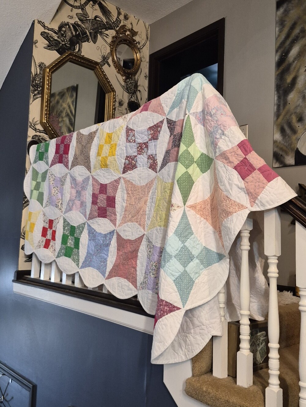 Handmade Multicolor Patchwork Cotton Quilt - Pastel Squares 80"×86"